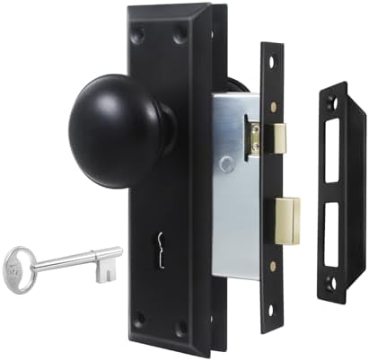 Newliplace Mortise Lock Set for Interior Door, Vintage Old Door Knobs with Lock and Skeleton Key, Antique Door Knobs Matte Black Finish