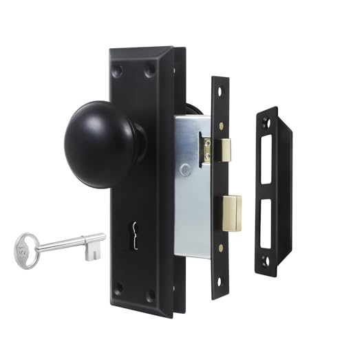 Newliplace Mortise Lock Set for Interior Door Vintage Old Door Knobs with Lock and Skeleton Key Antique Door Knobs Matte Black Finish