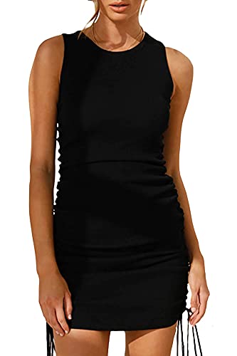 Auriviz Cover Up Sleeveless Bodycon Ruched Short Mini Summer Dress for Women Beach Side Drawstring Solid Crew Neck Casual Tank Shirt Club Cocktail Party Dresses Y2K Clothes Black Small