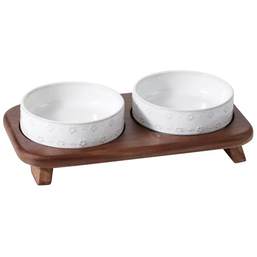 Havniva Ceramic Cat Food Bowl, 6.1" Raised Cat Bowls with Acacia Wood Stand