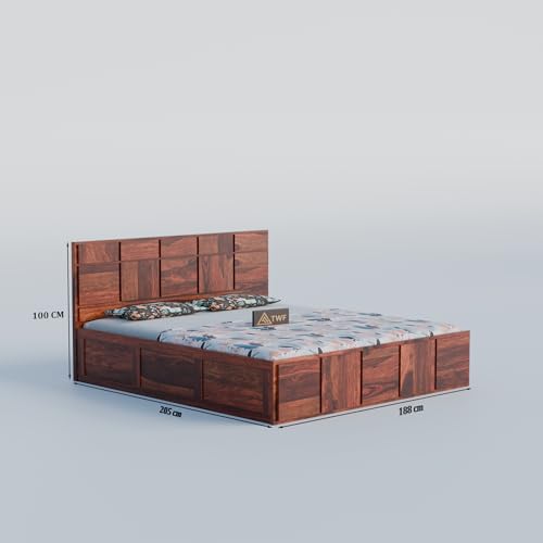 Image of Solid Sheesham Wood King Size Bed with Storage Box | Double Bed for Bedroom | Plan Panel Design Wooden Double Bed Cot for Home & Hotels | Rosewood, Honey Finish