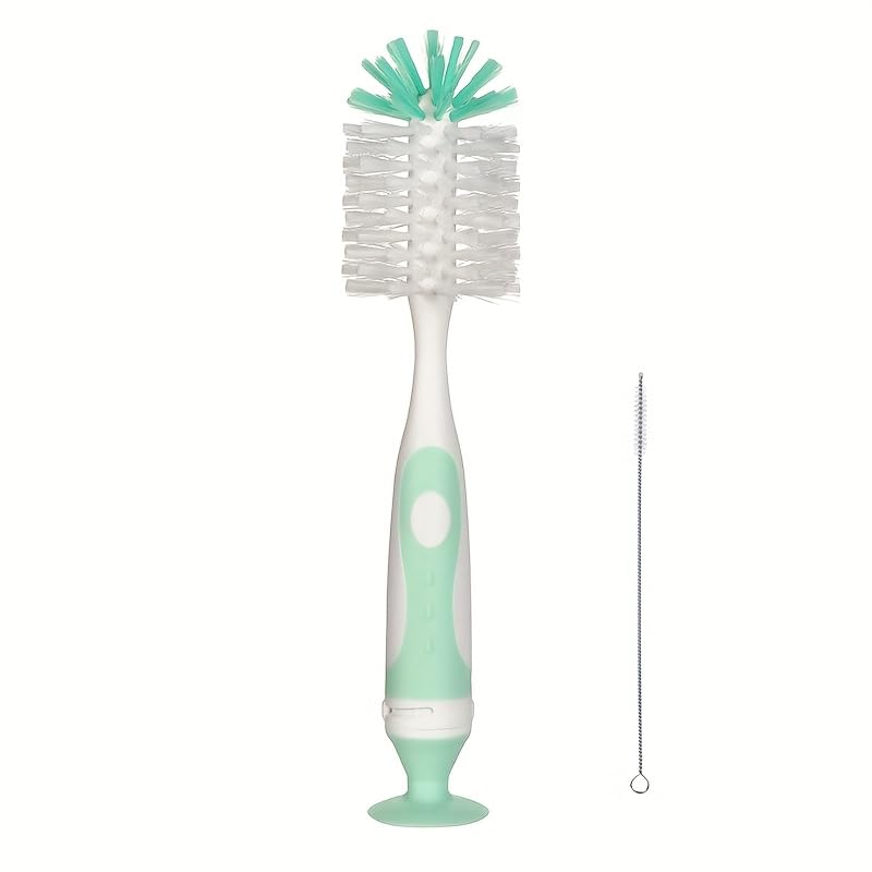 [2-in-1 Bottle Brush Set] 2-in-1 Nylon Mother-Child Bottle Cup Cleaning Brush Set with Suction Stand & Straw Brush (Green)