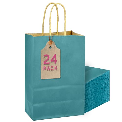 qiqee Slate Blue Gift Bag with Handles Bulk 24Pcs Paper Bags -10.6"x8.3"x4.3"Party Favor Bags - Solid Color