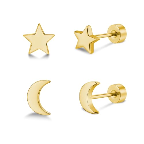 FACOKO 2 Pairs 14K Gold Women Earrings Titanium Flat Back Earring Hypoallergenic Star Moon Earrings 5mm Unisex Style by FACOKO - Used condition - US$13.61
