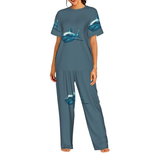 Pyjama court femme motif requin bleu en coton fluide pour été