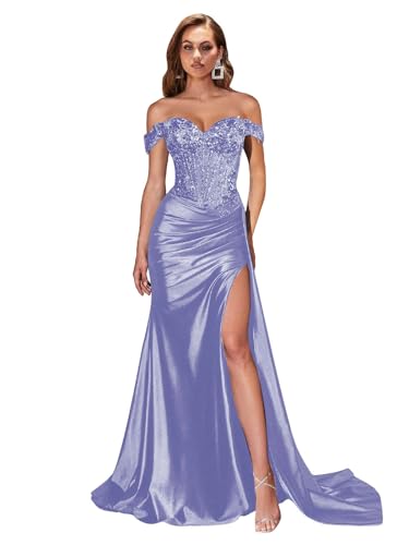 GUKARLEED Women's Off The Shoulder Prom Dresses with Slit Sequin Lace Appliques Ruched Satin Formal Dress for Wedding Guest