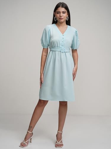 Image of Tokyo Talkies Women's Elegant A-Line Dress with Belt & Pleated Dress, Sophisticated Full-Sleeve Style for Any Occasion