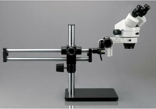 Image of AmScope SM-5BZ-144S Professional Binocular Stereo Zoom Microscope, WH10x Eyepieces, 3.5X-90X Magnification, 0.7X-4.5X Zoom Objective, 144-Bulb LED Ring Light, Ball-Bearing Double-Arm Boom Stand, 110V-240V, Includes 0.5X and 2.0X Barlow Lenses