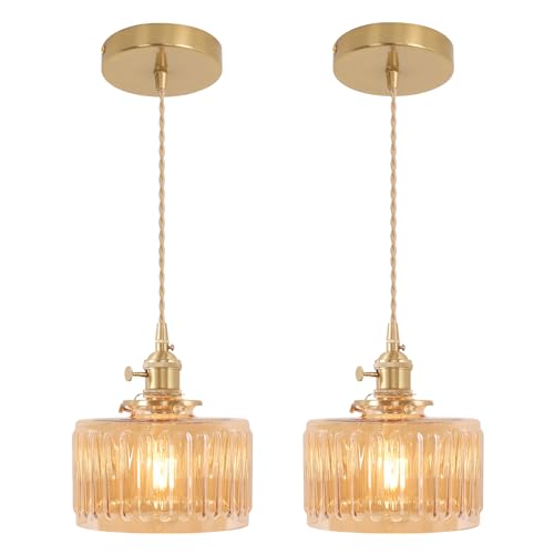Pendant Light 2 Pack with Amber Striped Glass Lmapshade, Brass Vi...