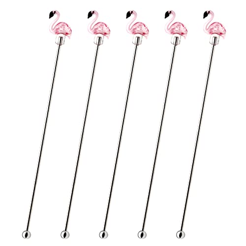 Flamingo Glass Decoration Stainless Steel Cocktail Coffee Drink Stirrers Stir Long Stirring Swizzle Sticks Swizzle Stick with Decor Top Mixing Cocktail,Hot Cocoa,Milk,Energy Drink,Tea (Pink 5 Pack)