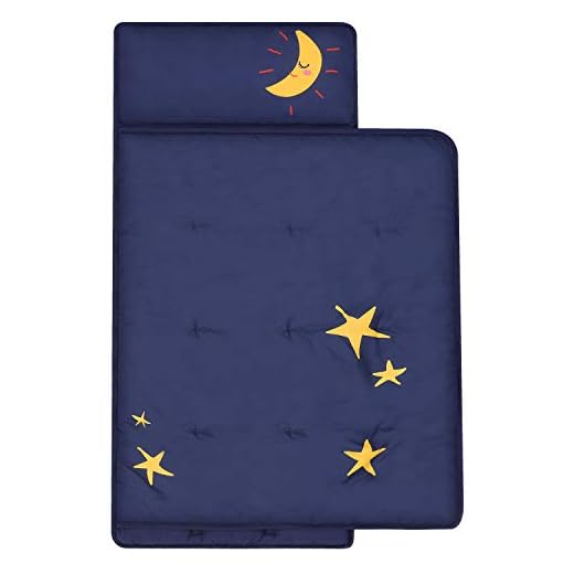 TILLYOU Luxury Padded Toddler Kid Nap Mat with Removable Pillow and Thick Comforter Blanket, Daycare Preschool Approved Silky Soft Warm Portable Sleeping Bag, 2-4 Years, Navy Moon and Star
