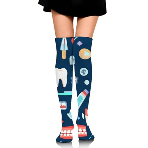 Meaudiwes Fashion Dress Decor Socks, Soft Travel Knee High Stockings, Sport Baseball Compression Socks Gift Socks For Women Men Teeth Dental Seamless Pattern