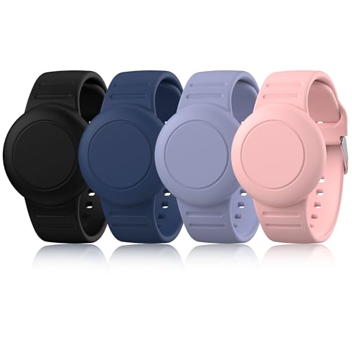 4 Pack AirTag Bracelet for Kids Soft Silicone Air Tag Wristband for Apple Air Tag (2nd Gen & 1st) Adjustable Anti Lost Wristband for Toddler Child Elder (Black/Navy Blue/PinkSand/Bluegrey)