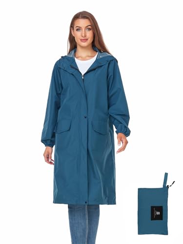 Womens Long Hooded Rain Jacket Waterproof Lightweight Raincoat Windbreaker Deep Blue Large
