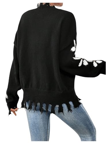 Image of SweatyRocks Women's Floral Print Sweaters Long Sleeve Ripped Crewneck Asymmetrical Hem Drop Shoulder Knit Pullover Tops Black Medium