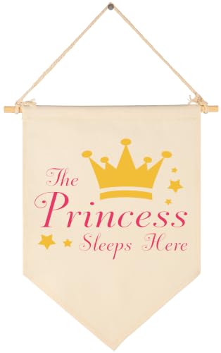 Image of The Princess Sleeps Here Canvas Pennant Banner, Nursery Wall Decor for Baby Girl Room, Kids Playroom Bedroom Hanging Flag Sign, Princess Reading Nook Wall Art, Baby Shower Birthday Gift