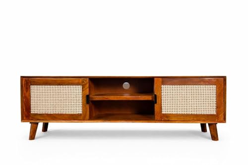 Image of THE KASHTH Premium Solid Wood, 10 Minutes Assembly (Legs Only), Aesthetic Rattan Doors, Mid Century Entertainment Center for Living Room, TV Stand for 65 inch TV, Dark Chocolate (Honey L-014)
