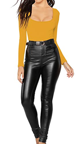 MANGDIUP Women's Essential Bodysuit - Scoop Neck Long Sleeve Slim Fit Stretch Cotton Spandex Jumpsuit