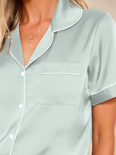 Image of LILLUSORY Silk Satin Pajama Set for Women Summer Two Piece Fall Lounge Pjs | Cozy Matching Sleepwear, Short Sleeve Button Down Shirt and Shorts, Soft Loungewear with Pocket, Cute Trendy Clothing