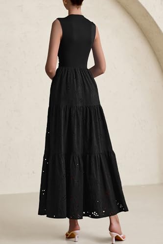 Image of PRETTYGARDEN Summer Dresses for Women 2026 Casual Eyelet Sleeveless Wedding Guest Maxi Dress Tank Top Sundress with Pockets