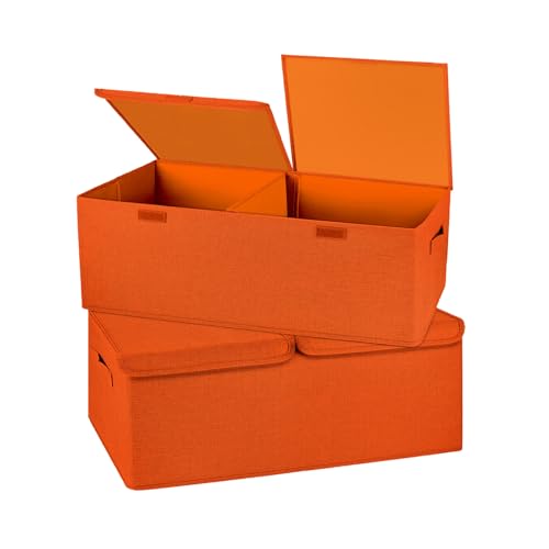 Image of 2 Pack Large Storage Boxes with Lids and Handles, Collapsible Linen Storage Bins Organizer Containers Baskets Cube with Removable Divider for Home Bedroom Closet Office (Orange, Small)