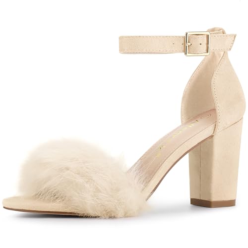 Allegra K Women's Ankle Strap Faux Fur Block Heels Beige Sandals 11 M US