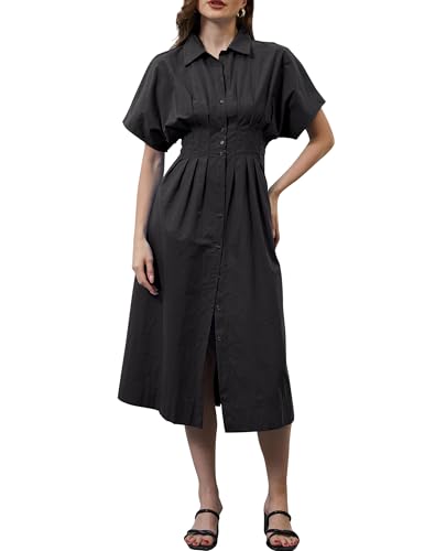 Image of MSBESYOR Women Button Front Pleated Shirt Maxi Dress Summer Striped Prints Short Sleeve Collar Casual Long Dresses