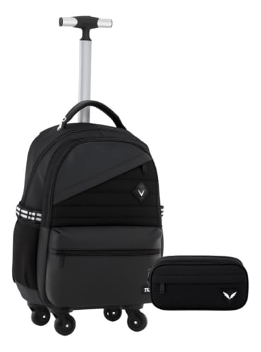 Mochila Com Rodinhas 360° Masculina Grande e Estojo Duplo, Preta, Com Alça Telescópica, 4 Rodas Giratórias, Para Escola e Viagem