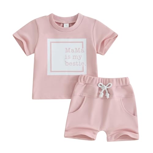 Image of Toddler Baby Girl Clothes Short Sleeve Letter Print T Shirt Tops and Stretch Shorts Newborn Girl Summer Outfit