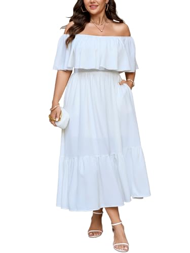 SCOMCHIC Womens Plus Size Wedding Guest Cocktail Dresses Off The Shoulder Smocked Waist Ruffle Slit Maxi Dress White