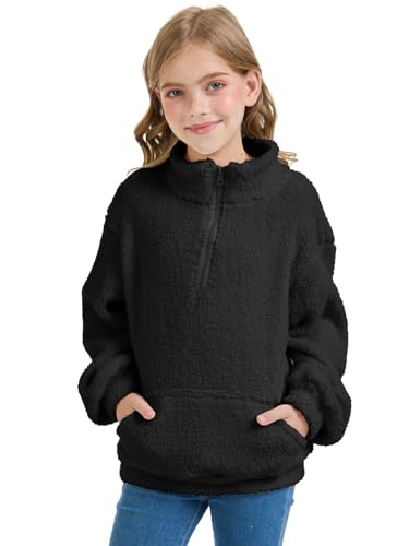 Girls Half Zip Outerwear Jacket Kids Oversized Jackets Zipper Fuzzy Warm Sweatshirt with Pockets 5-14 years3