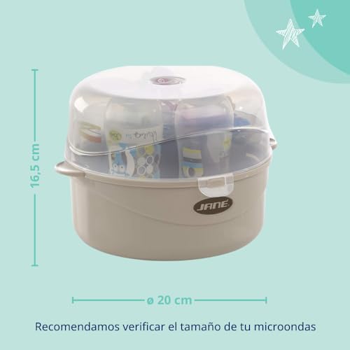 Jané Esterilizador para Microondas, con Cesta para Tetinas y Pequeños Accesorios, Capacidad 6 Biberones, Gris, 17 x 19 x 19 cm