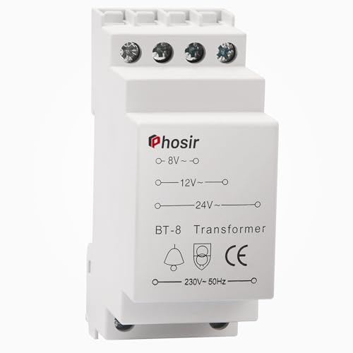 Phosir Klingeltrafo 8-24V - Klingeltrafo Trafo 230V AC Eingaben, 8V 12V 24V/AC Ausfuhren, Türklingel für Türklingeln, Passt auf 35mm Schiene, Klingeltraffo für Max 8VA, Unterstützt Mehrere Ausgänge