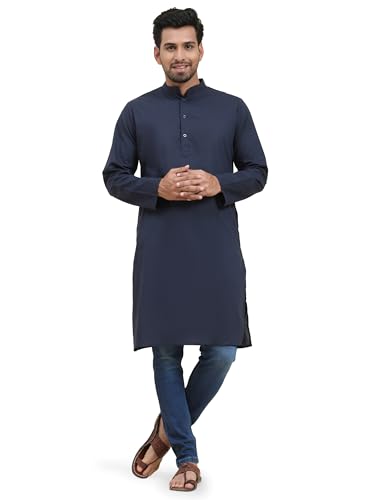 Image of SKAVIJ Men's Cotton Kurta Summer Casual Long Shirt Regular Fit Blue 3X-Large