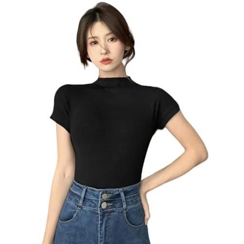 T-Shirts à Manches Courtes pour Dames Col Demi-Montant Vêtement Printemps Chic