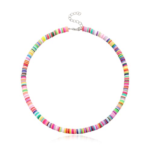 Puka Shell Choker Necklace Handmade Bohemian Heishi Clay Colorful Seashell Disc Vinyl Beaded Soft Necklace for Women Men Boho Summer Hawaiian Beach Holiday Surfer Fashion Jewelry Gifts (Colorful)