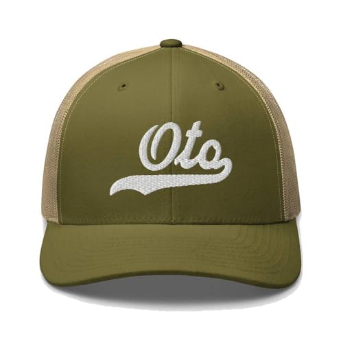 OTO Hat OTO Trucker Hat Baseball Script Embroidered Cap Vintage Sports Mesh Swoosh Gift Souvenir Headwear IA Moss/Khaki