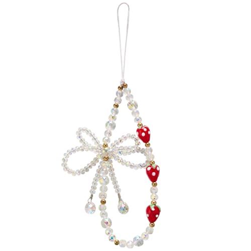 BEEFLYING Beaded Phone Wrist Strap Cute Bowknot Phone Charm Wristlet Lanyard with Red Strawberry Y2K Cellphone Bracelet for Keychain Bag Camera Car Key Pendant