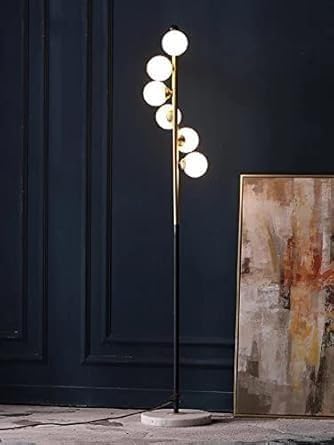 Image of Modern Black and Gold Floor Lamp, Tall Slim Design with 6 Globe Lights, 3-Color LED (Natural White, Warm White, Cool White), Stylish Standing Lamp for Living Room, Bedroom, Office