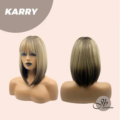 Miniatura 6 de KARRY - Peluca corta estilo Bob con flequillo, rubio mixto con extremos oscuros, bicolor, recta, sin pegamento, para fiesta, Halloween, pelucas para