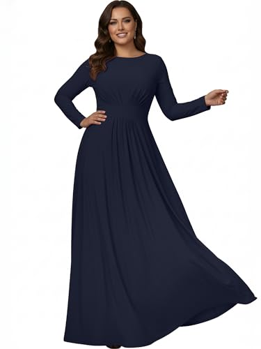 KOH KOH Plus Size Womens Long Full Sleeve Sleeves Flowy Empire Waist Fall Winter Modest Formal Floor Length Abaya Muslim Bridesmaid Bridal Gown Gowns Maxi Dress Dresses, Navy Blue XL 14-16