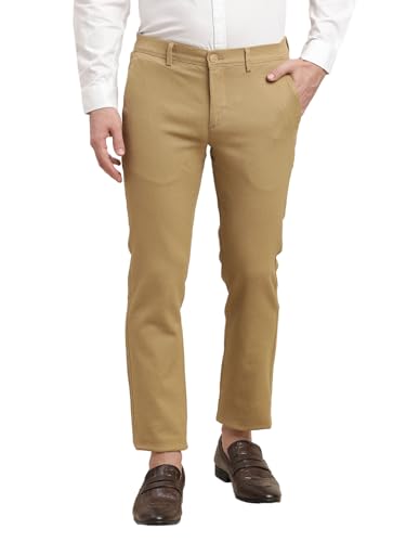 Image of Turtle Men Cotton Stretch Dark Beige Dobby Printed Ultra Slim Fit Casual Trouser
