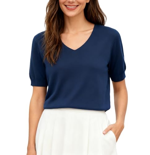 Image of SANGTREE Women's Short Sleeve Sweaters V Neck Casual Knit Pullover Tops | Perfect as a lightweight sweater for spring /summer or as a layering piece. Ideal for office, daily, holiday, home etc
