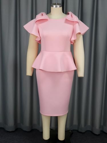 Image of ONTINVA Women's Plus Size Pencil Dress Bowtie Beaded Ruffle Flared Sleeves Wedding Guest Dress Wear to Work Dresses