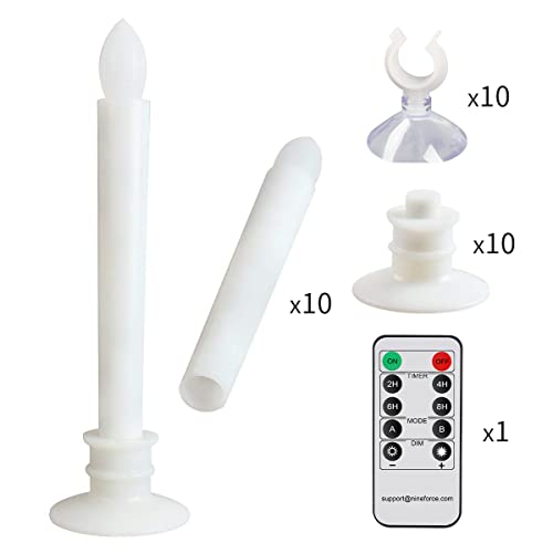 Image of 10 Pack Flameless Taper Candles with Remote /Timer & Suction Cup, Battery Operated Flickering LED Window Candles, Vintage Christmas Electric Fake Candlesticks, White Holder