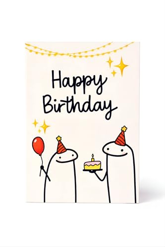 Happy Birthday Greeting Card Cute Minimal Birthday Card with Funny Illustration Handmade Style Birthday Gift Card for Friends Family Coworkers Single Piece Gift Card