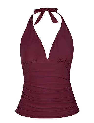 Hilor Women s Plunging V Neck Halter Swim Tops Shirred Tankini Top Burgundy 10