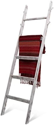 Rustic Blanket Ladder Farmhouse – 5 Foot – White Decorative Ladder for Blankets – Leaning Decor Wooden Ladder Shelf – 4 Wooden Hooks and One Piece Side Rails