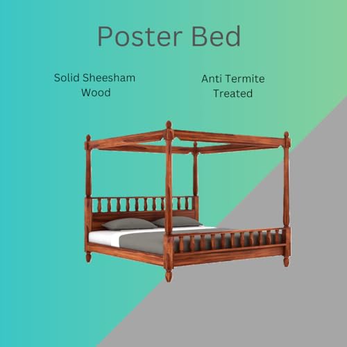 Image of Solid Wood Sheesham Poster Bed Wooden Double Bed Cot Furniture for Bedroom Home and Hotel Sheesham (Honey, King)