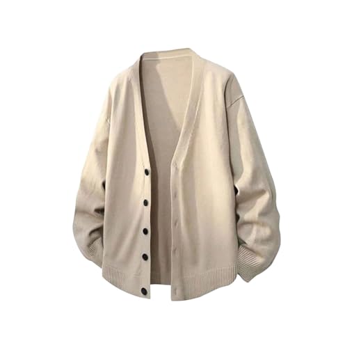 Pattern V Neck Knit Cardigan Men Button Front Long Sleeve Knit Sweater Cold Weather Outdoor Daily Casual Blouse Style Tops Beige